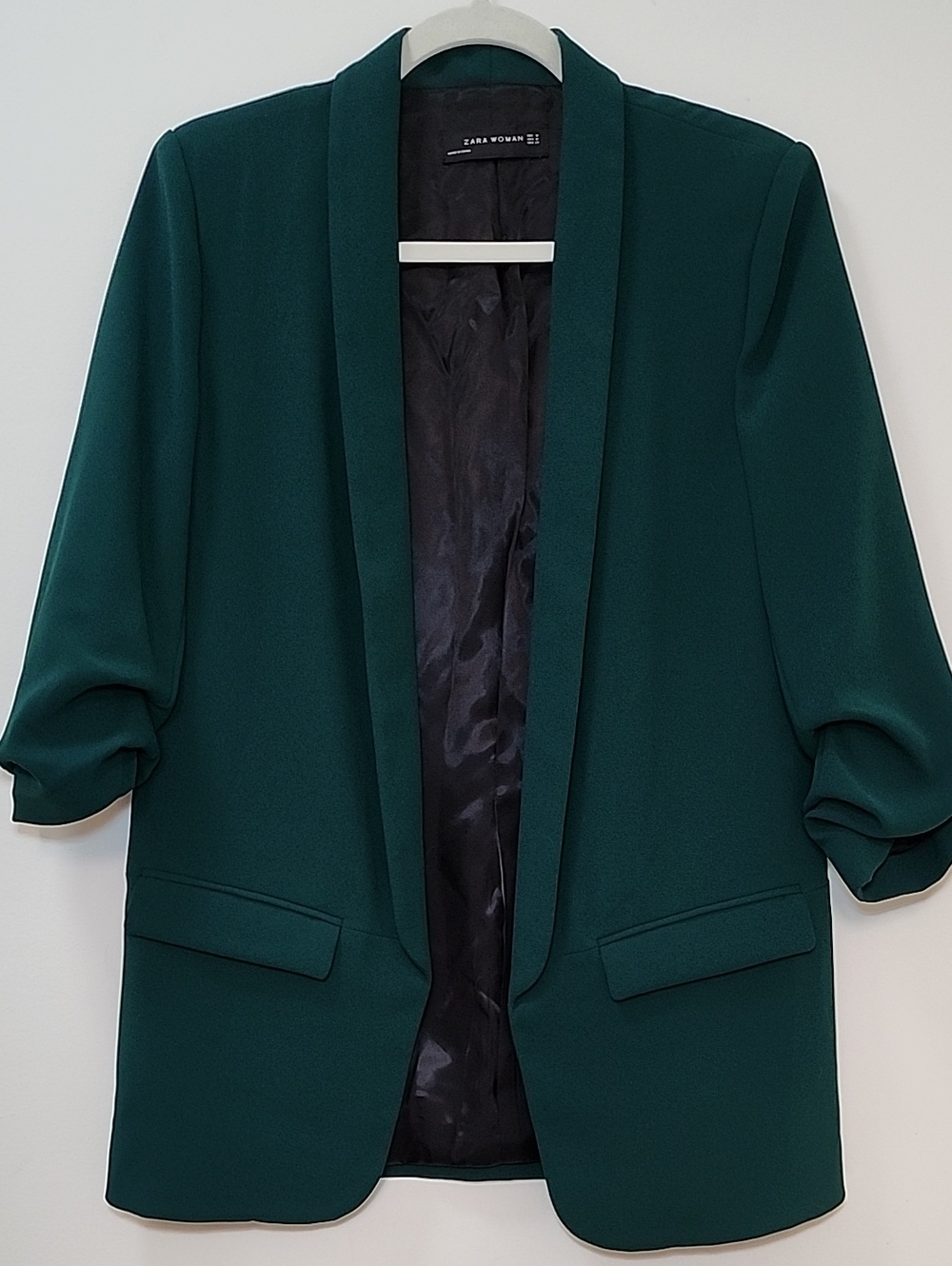 Zara Dark kelly green roll-up sleeve blazer open-front shawl collar front Sz M - Picture 16 of 16